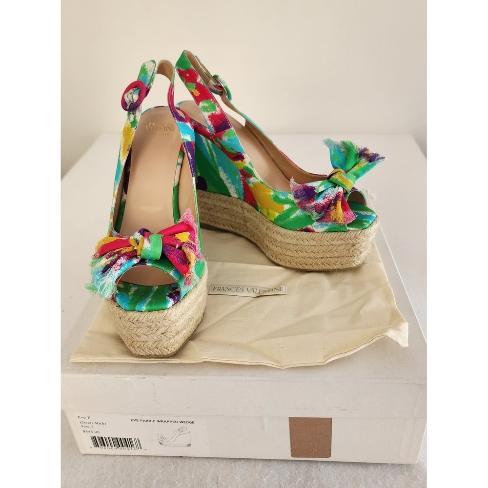 Frances Valentine Eve Espadrille Wedge Sz 8 Multi Color Abstract Summer Tropical